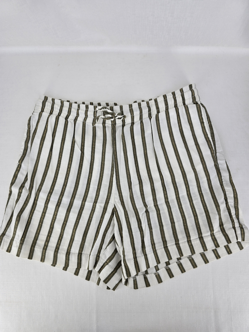 H&M Olive and White Vertical-Stripe Drawstring Shorts